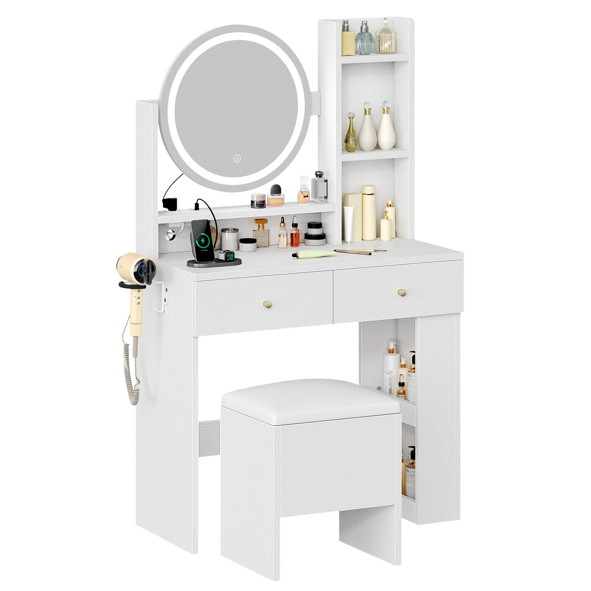 DWVO Makeup Vanity Desk with LED Lighted Mirror, White Vanity Set with Charger Station, Small Spaces Vanity Table, Adjustable 3 Lighting Modes, Makeup Table with Chair for Girl, 31.5in(L), Upgraded DWVO