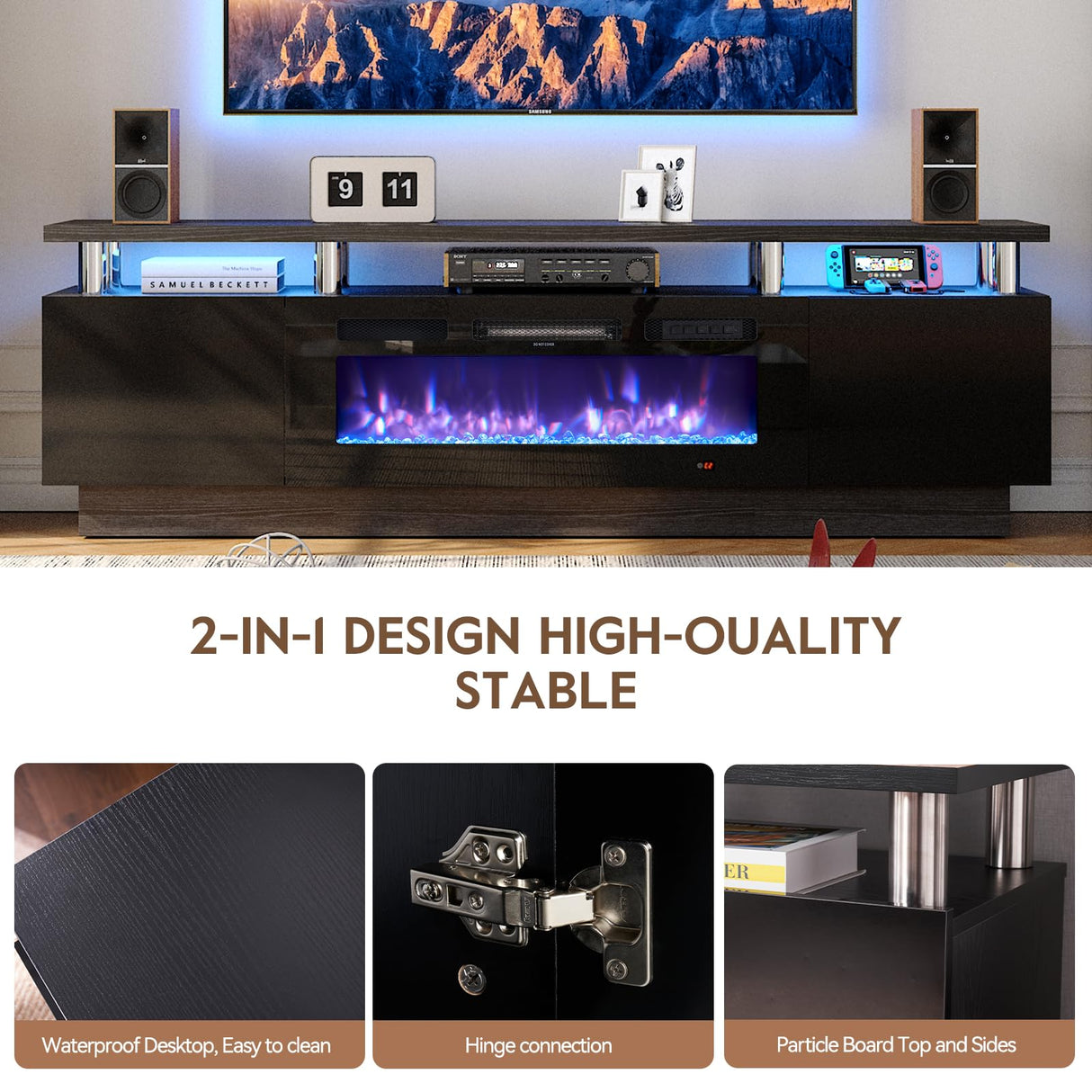 OneBlis 70" TV Stand for Living Room, Modern Entertainment Center & Media Console, Fits TVs up to 80", Storage Cabinet with Shelves, 36" Electric Fireplace with LED Flame (All Black) OneBlis