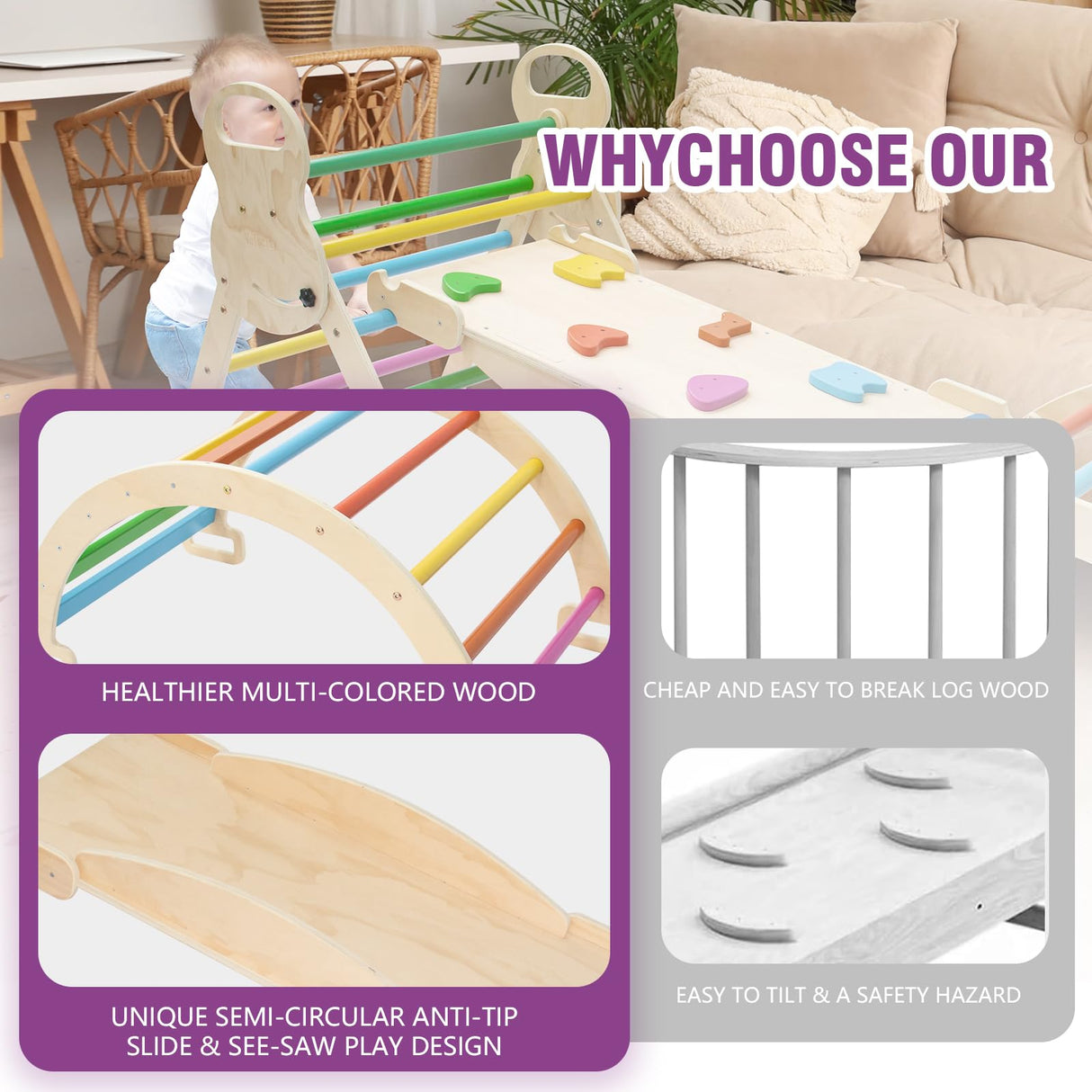 7in1 Rainbow Pikler Triangle Set Foldable Montessori Climber, Wooden Climbing Toys with Sliding Ramp&Arch Rocker for Kids,Climbing Indoor Playground Set for Toddlers Volscity