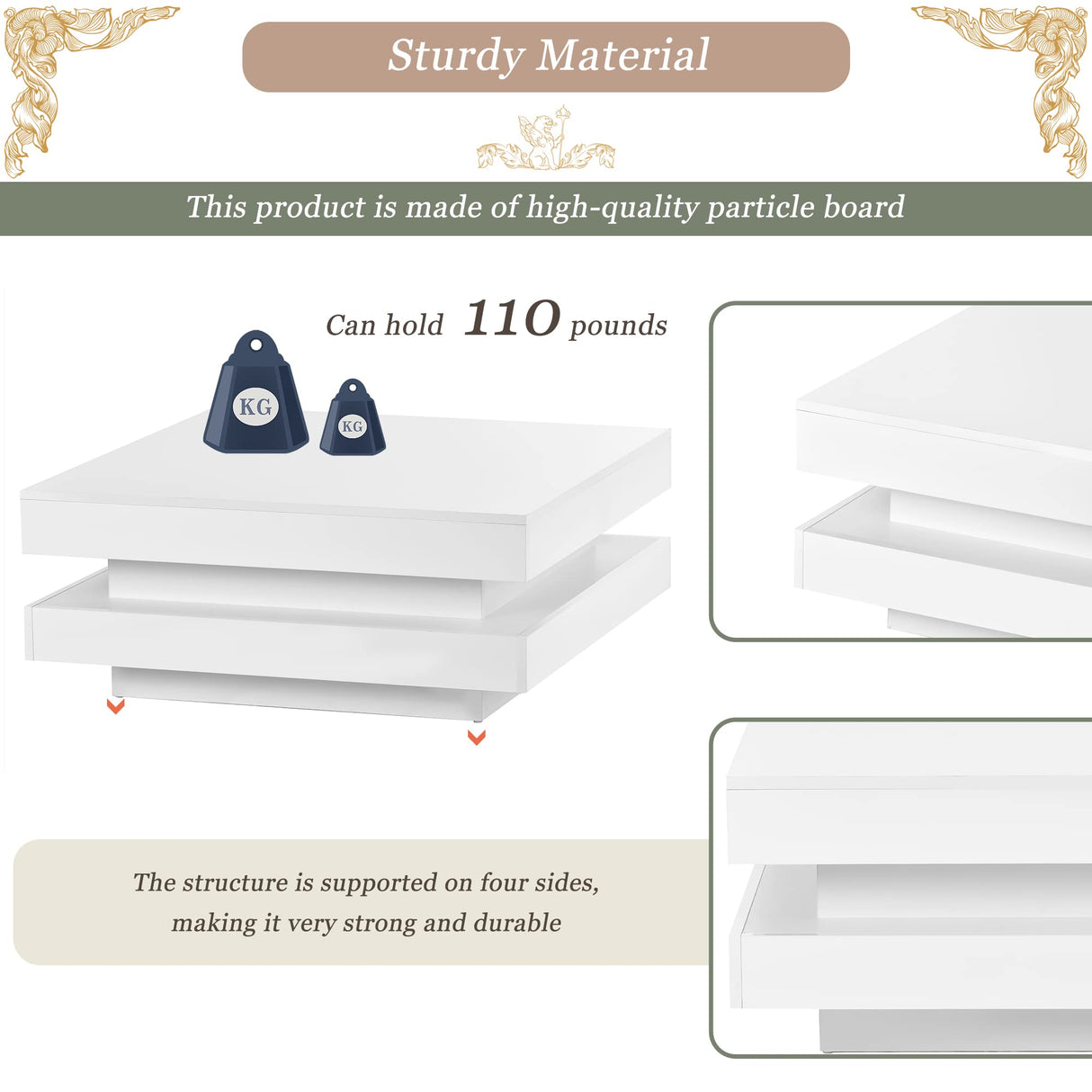 LED Coffee Table for Living Room, 2 Tier Modern Square Middle Center Table, Unique High Gloss Coffee Table with 16 Colors LED Lights & Remote Control, for Home Party Office Reception Room, White GlowSpark