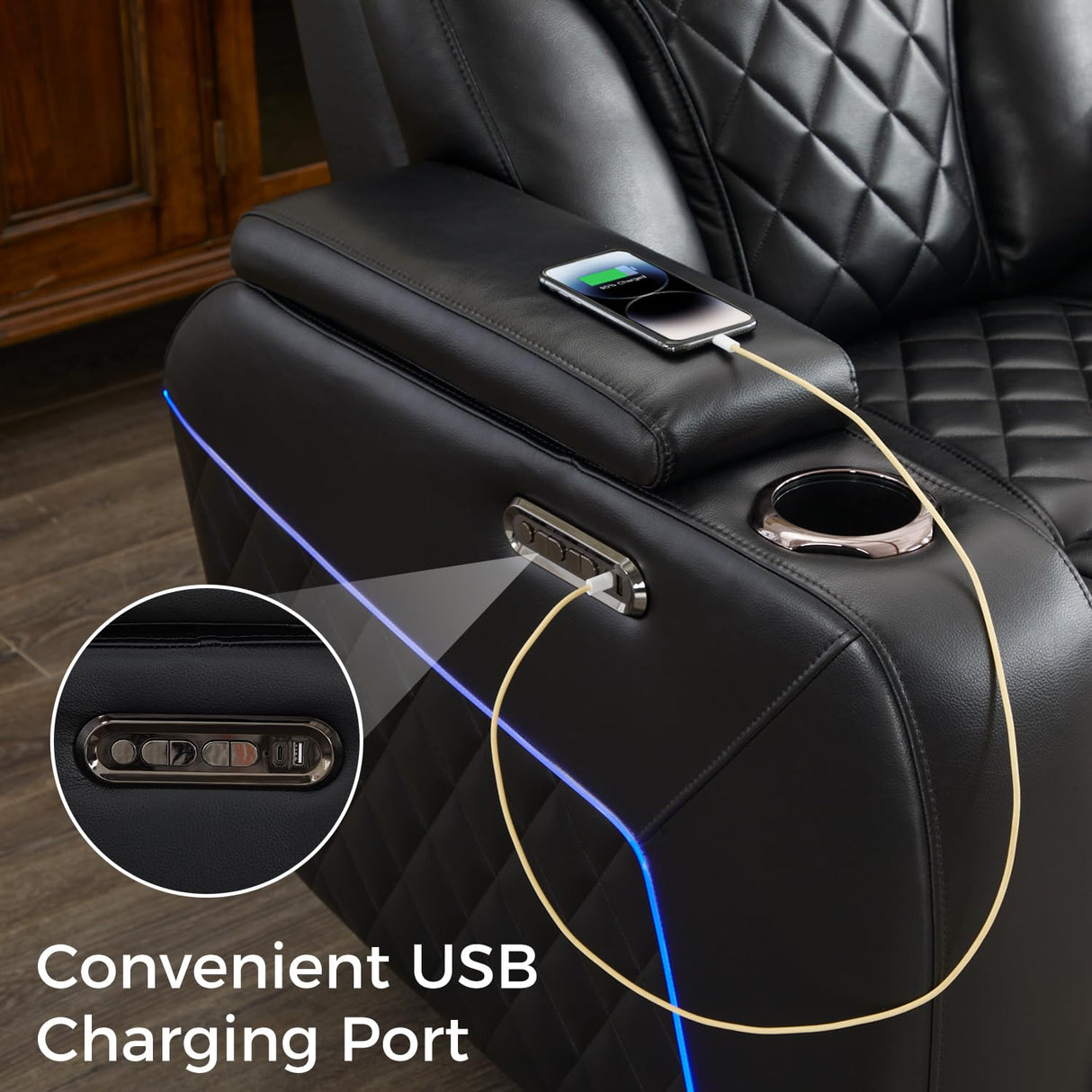 Power Recliner Sofa Set of 2 Pieces with Adjustable Headrest, Wireless Charger for Living Room, Electric Reclining Couch, Faux Leather 3 Seaters and Loveseat Theater Chair with LED Lights, Black Comfort Stretch