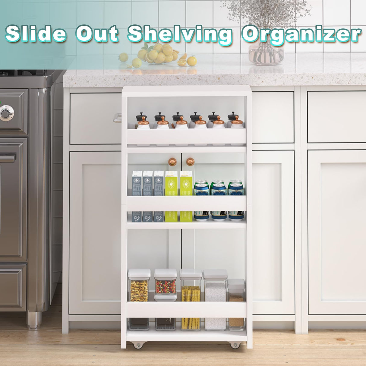 MARTY White Slim Storage Cart with Wheels, 4 Tier Rolling Utility Cart with Handle Slide Out Shelving Unit Organizer Trolley for Laundry Kitchen Bathroom Narrow Places Small Corner MARTY