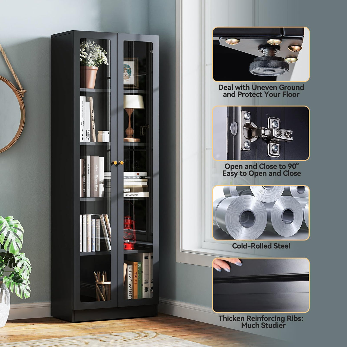 IRONMIX Black Bookshelf with Doors and Adjustable Shelves, 5-Tier Tall Bookcase, 70.87" Modern Display Cabinet, Metal Book Shelf with Storage Cabinet for Home Office Living Room IRONMIX