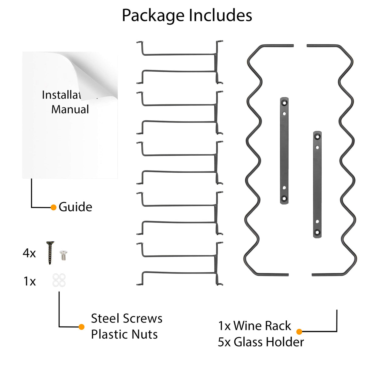 Wallniture Piccola Under Cabinet Wine Rack & Glasses Holder, Kitchen Organization with 6 Bottle Organizer Metal Black Wallniture