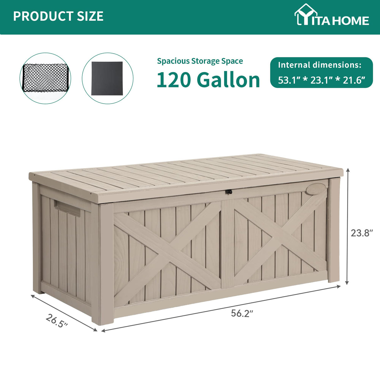 YITAHOME 120 Gallon Large Deck Box w/Flexible Divider & Storage Net, Resin Outdoor Storage Boxes, Waterproof Cushion Storage Bench for Patio, Pool Supplies, Garden Tools - Lockable, Light Brown YITAHOME