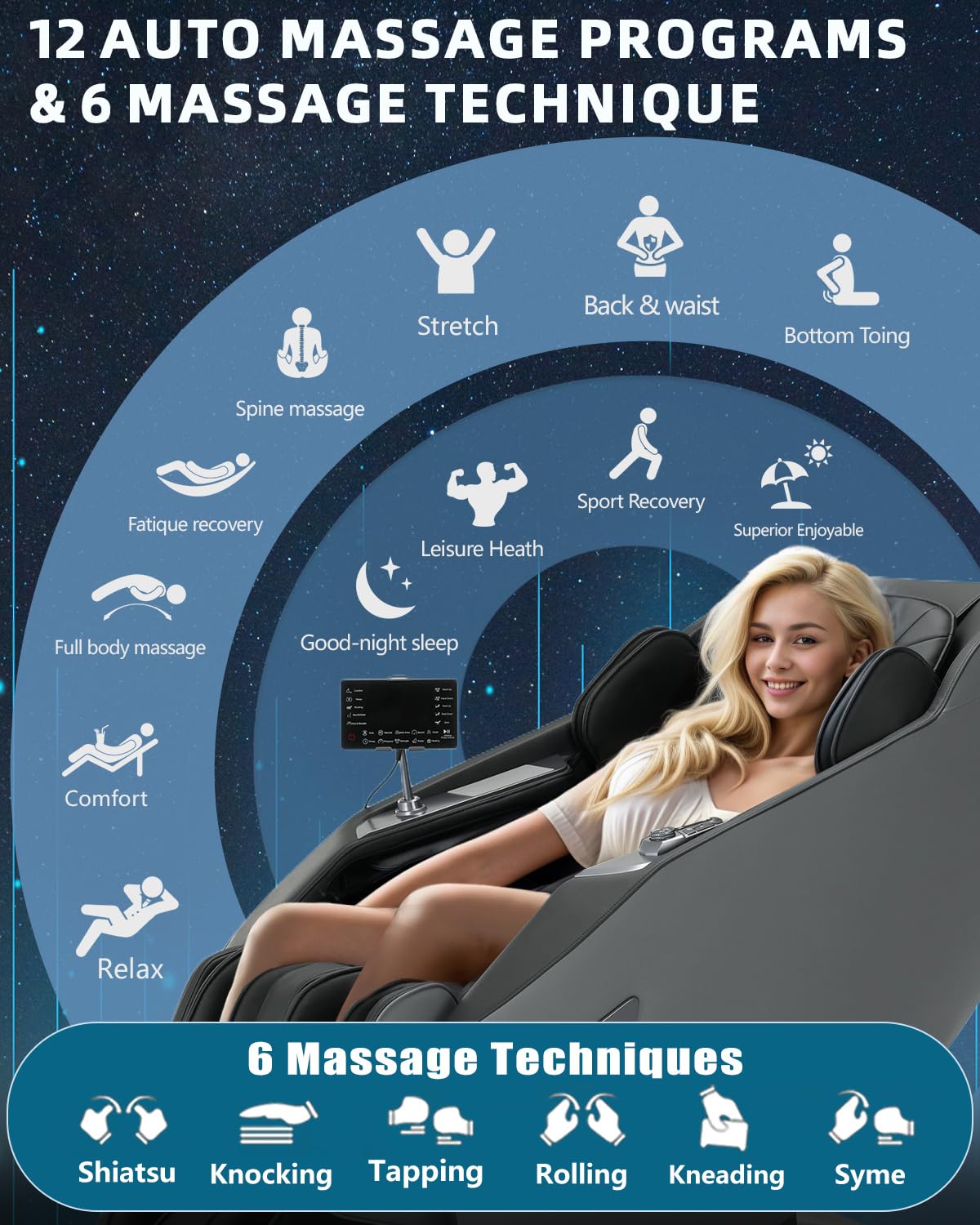 RelaxRelife 3D Full Body Massage Chair, Zero Gravity with Heat, 12 Auto-Modes, Shiatsu Foot & 55“ SL-Track, 28 Airbags, Footcare Massage, Black RelaxRelife