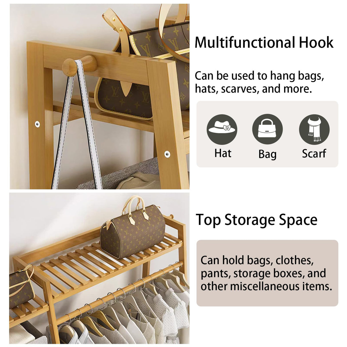 Baveke Bamboo Clothing Garment Rack 7 Tier Storage Shelf Coat Clothes Hanging Rack, Portable Wardrobe Closet Organizer With Top Shelf, Shoe Storage Shelves for Bedroom (Natural - 51.2 in) Baveke