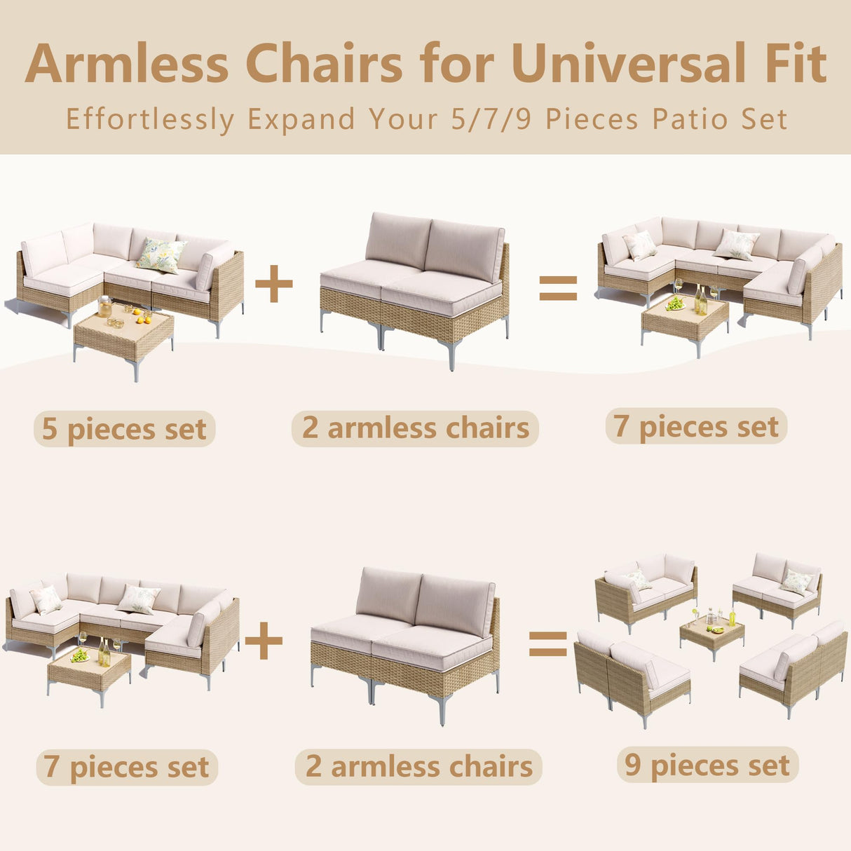 SunloungeCo 9-Piece Patio Furniture Set, Outdoor Wicker Sectional Sofa with Coffee Table, Anti-Slip & Thick All-Weather Cushions for Sunroom,Garden,Backyard, Beige SunloungeCo