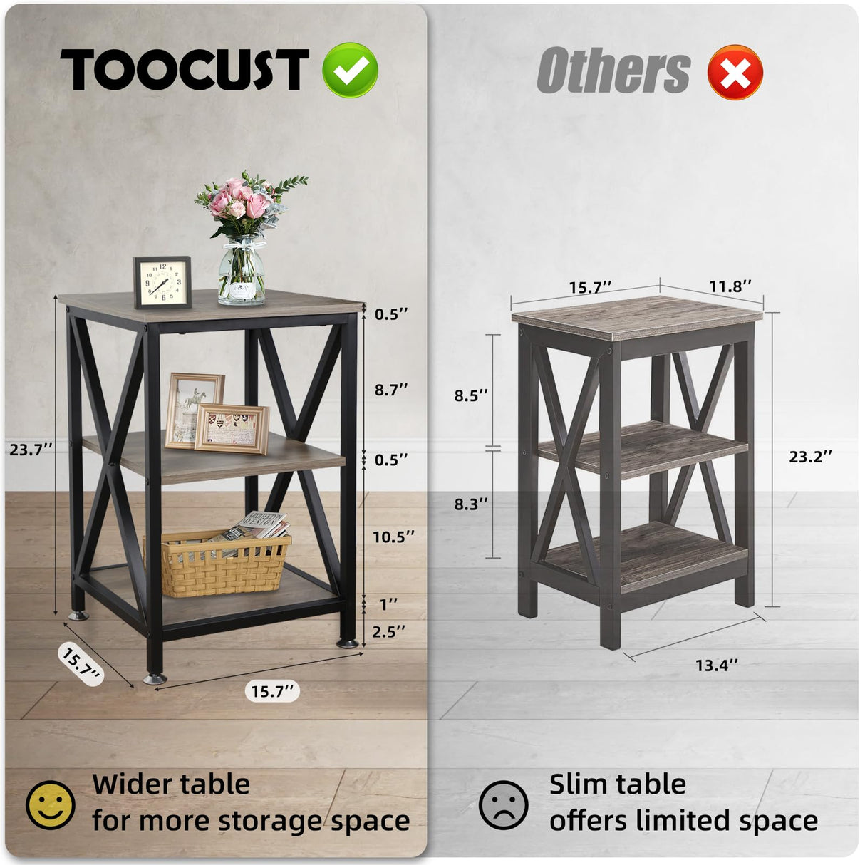 End Tables Living Room Set of 2, 16" D x 16" W x 24" H, Indoor Side Tables Living Room with Storage Shelf, Square End Table Set of 2, X-Shaped Night Stands for Bedroom, Farmhouse Wood End Tables, Grey TooCust