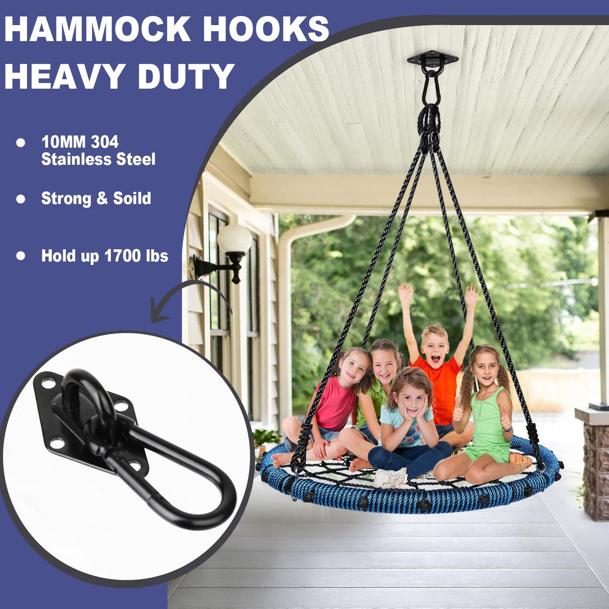 Feanron Hammock Hooks 2 Pack, Heavy Duty Hammock Hanging Kit, M10 304 Stainless Steel Pad Eye Hanging Hooks for Porch Swing Hang, 1700Lbs Holding Capacity,Black Feanron