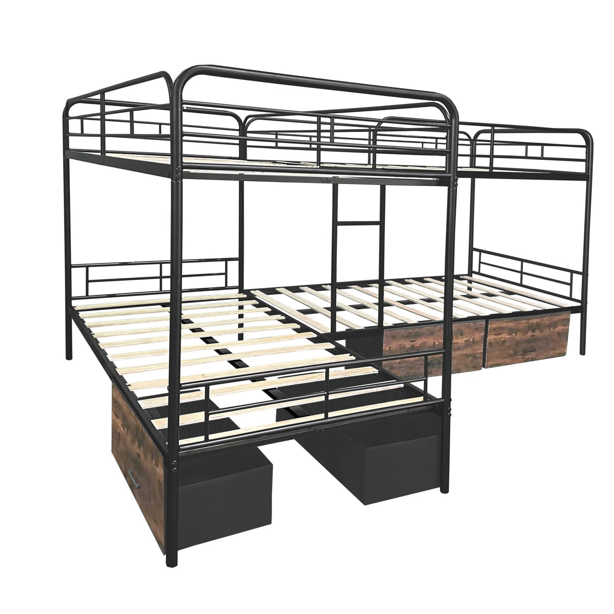 PVWIIK L-Shaped Quad Bunk Bed with Storage Drawers for 4 Kids,Quad Bunk Bed Frame with Built-in Ladder & Full-Length Guardrails,Easy to Assemble,Space Saving, Black PVWIIK