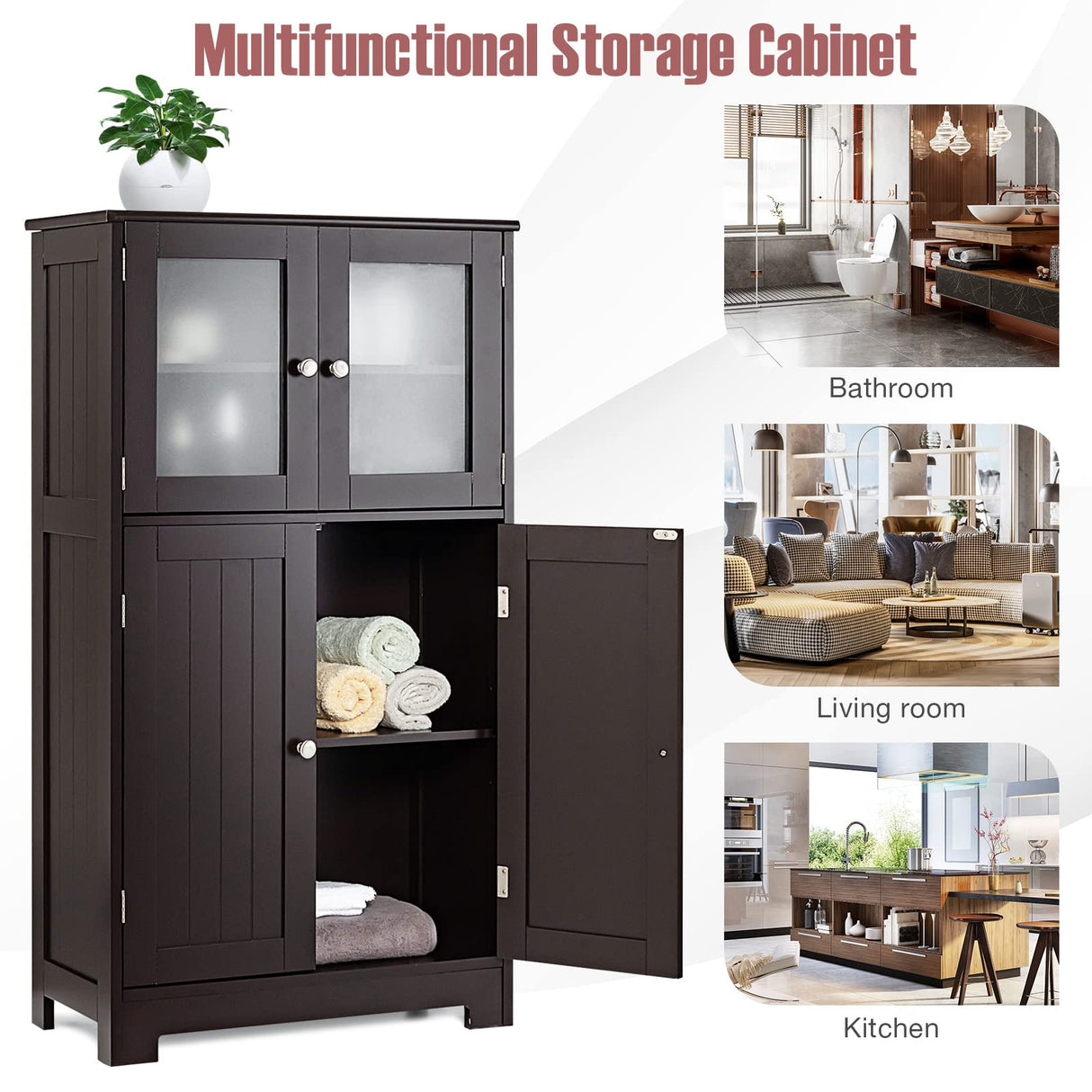 Tangkula Brown Freestanding Bathroom Floor Cabinet with Glass Doors and Adjustable Shelf Tangkula