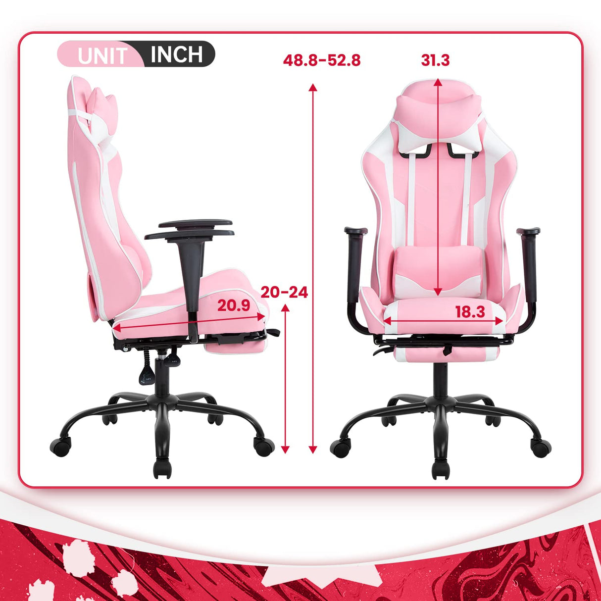 PC Gaming Chair Desk Chair Ergonomic Office Chair Executive High Back PU Leather Racing Computer Chair with Lumbar Support Footrest Modern Task Rolling Swivel Chair for Women Men Girls Adults, Pink BestOffice
