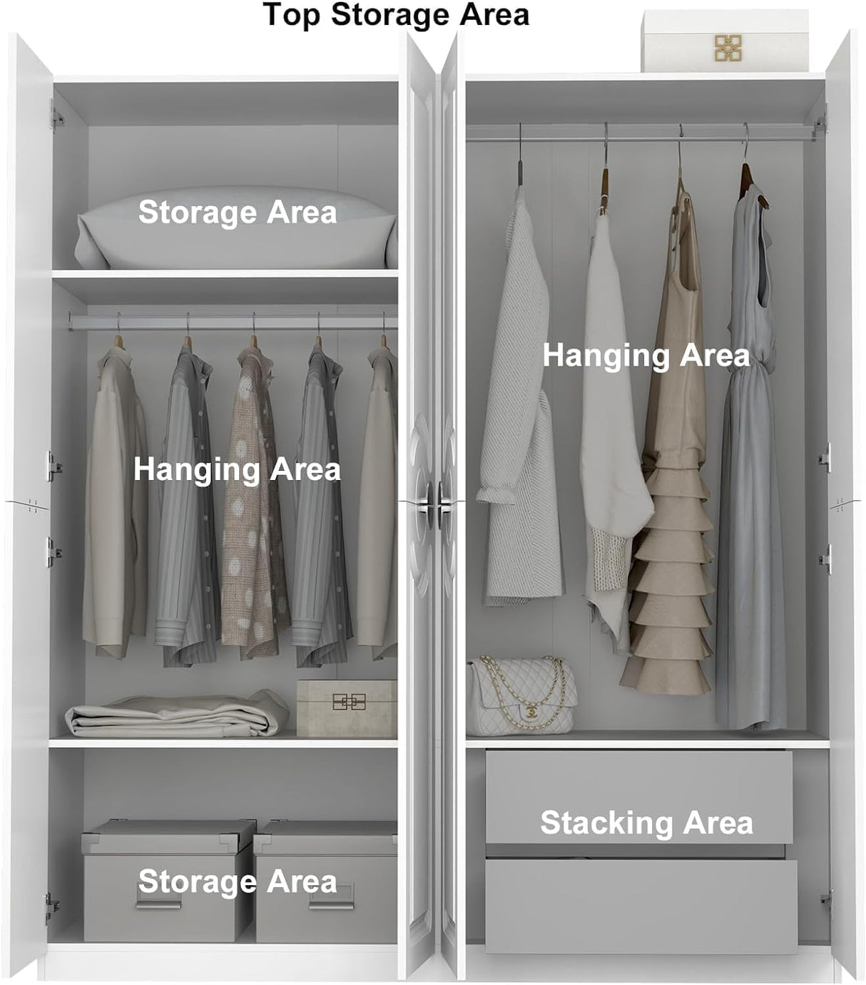 Armoire Wardrobe Closet with 4 Doors, 78" Clothing Storage Cabinet with Hanging Rod Shelf and Drawers, Wooden Freestanding Bedroom Armoires for Bedroom, Living Room, White vinform