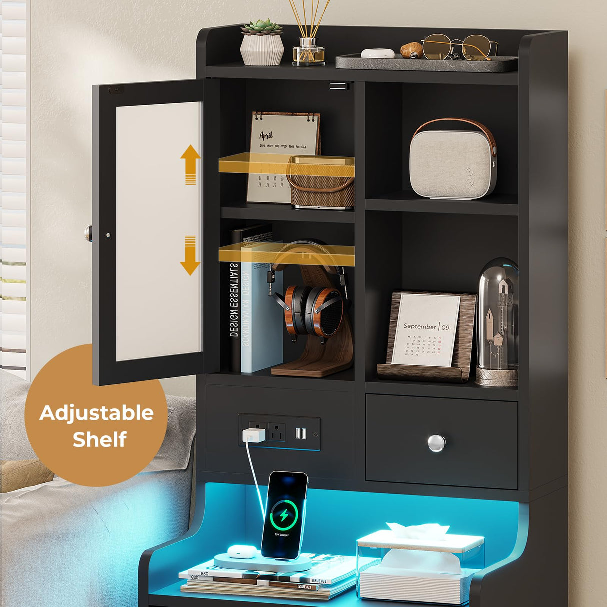 ADORNEVE Tall Night Stand with Charging Station and LED Lights,49.2" Nightstand with Bookshelf, Black Bedside Table with Drawers,End Side Table for Bedrooms ADORNEVE