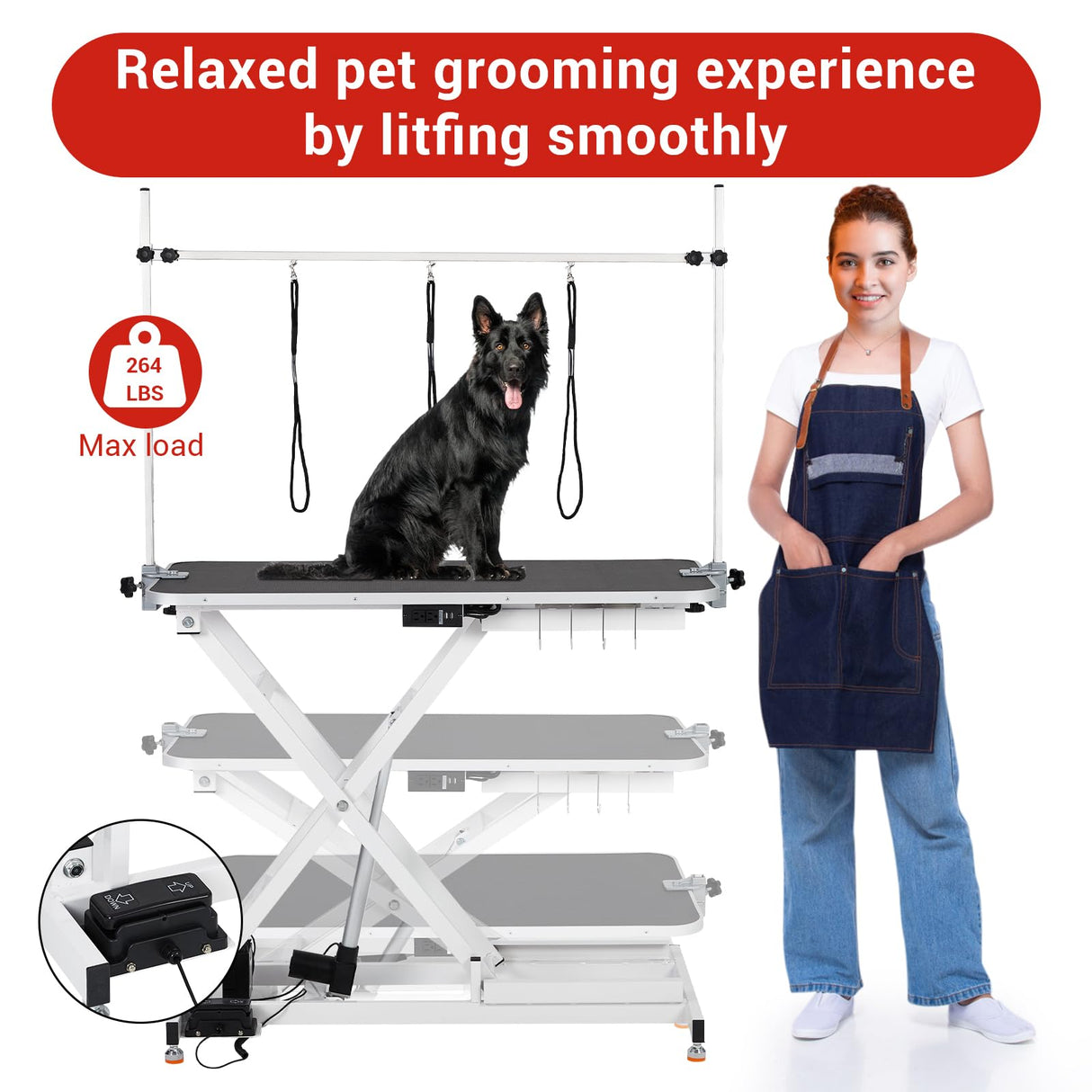 Garvee Electric Dog Grooming Table, Adjustable Height 9.4"-39.4", 264Lb Capacity, Foot Control, Anti-slip Wheels, Tool Organizer, Dog Grooming Station, 47" White Garvee