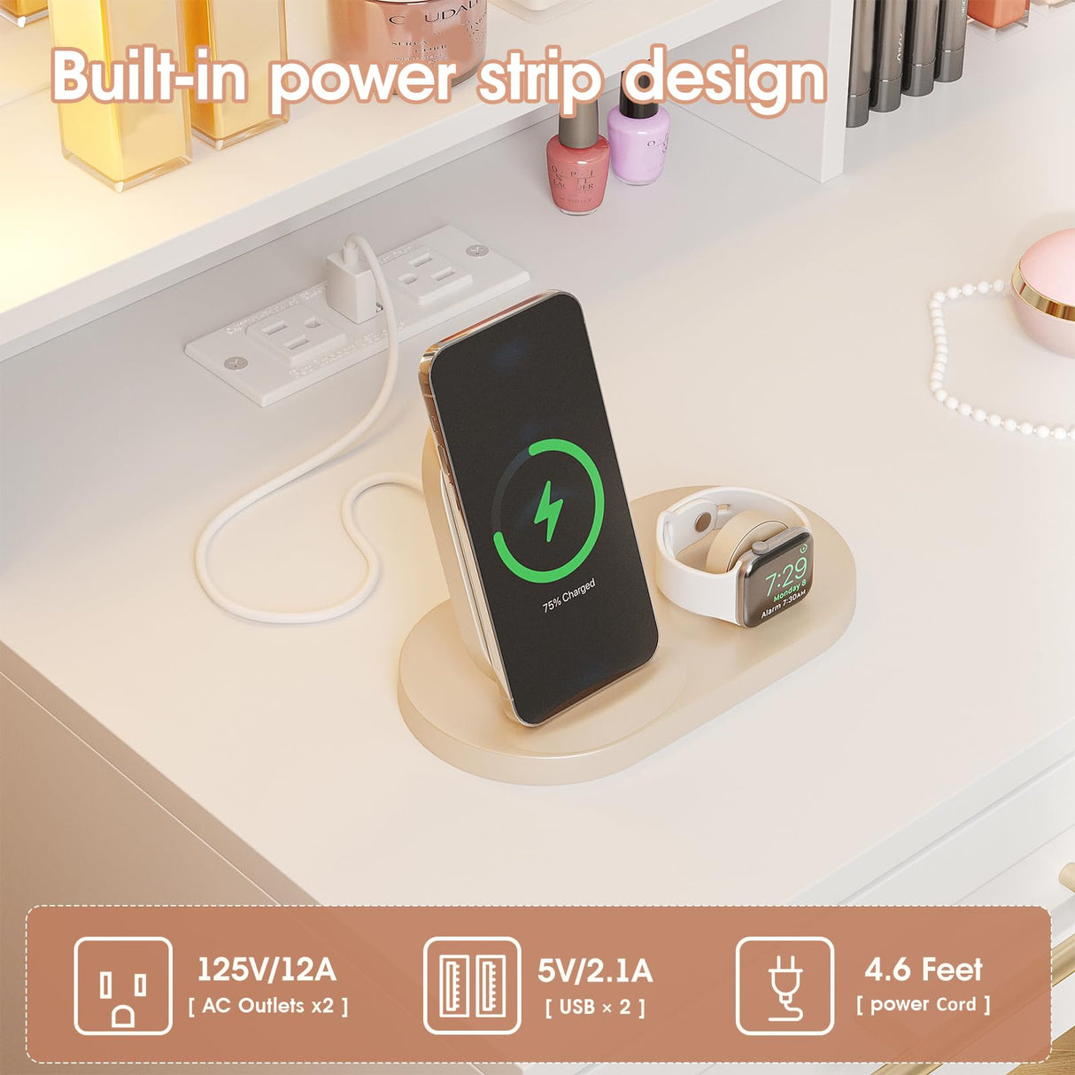 Vabches Large Makeup Vanity Desk, 47" White Vanity Table with Mirror and Lights, 3 Modes Adjustable Brightness and Jewelry Cabinet, Glass Top Vanity with Power Outlet and 7 Drawers for Bedroom Vabches