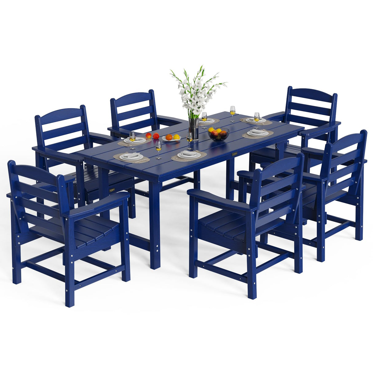 VINGLI 7-Piece Outdoor Patio Dining Set, HDPE All-Weather Rectangular Table with Umbrella Hole & 6 Patio Dining Chairs, Durable Patio Furniture for Backyard, Garden, Pool (Navy Blue, 7 Piece) VINGLI