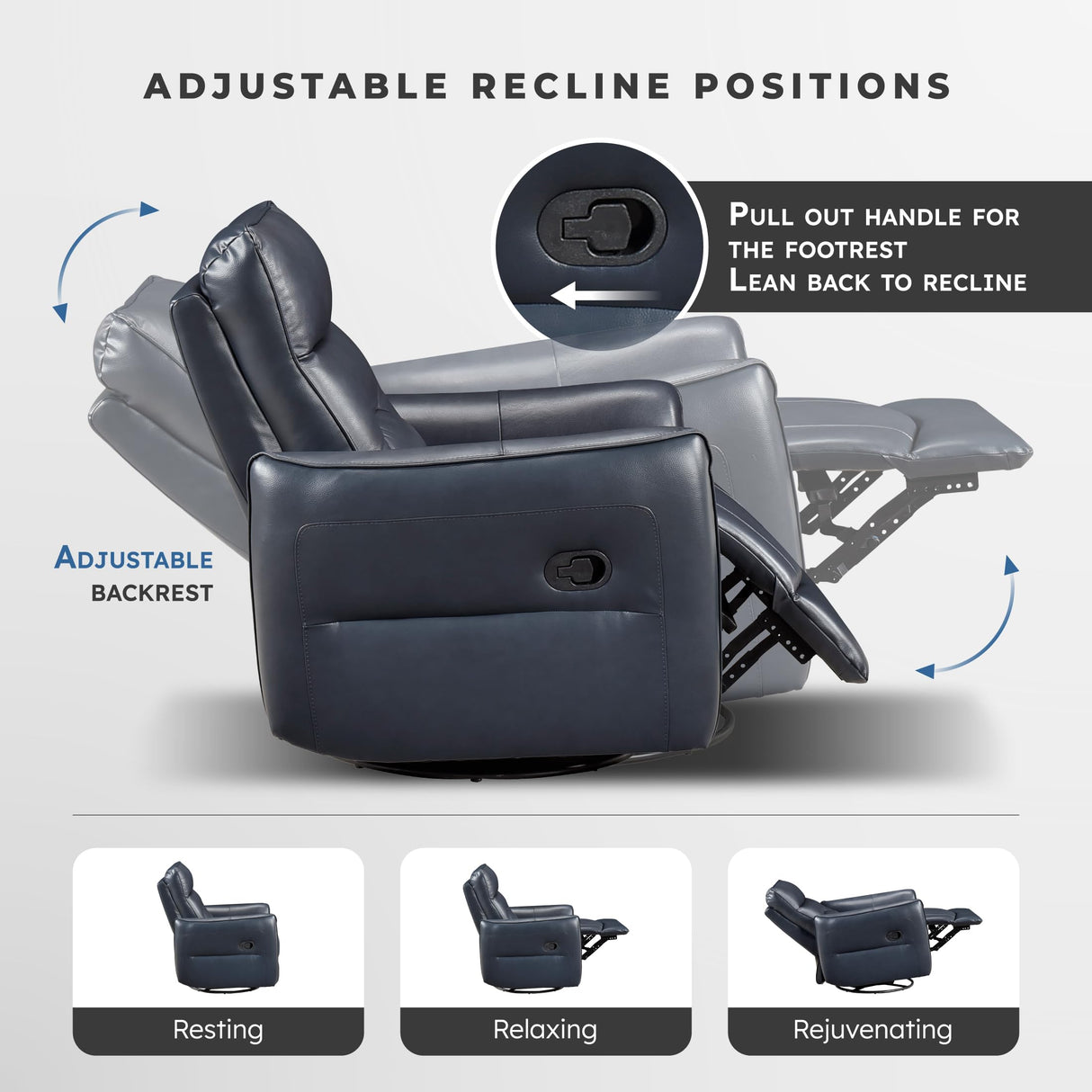 Lexicon Swivel Glider Reclining Chair, Top Grain Leather Match Manual Recliner, Comfy Nursery Glider Recliner, Swivel Reclining Chair for Living Room/Office/Bedroom/Apartment, Dark Blue Lexicon