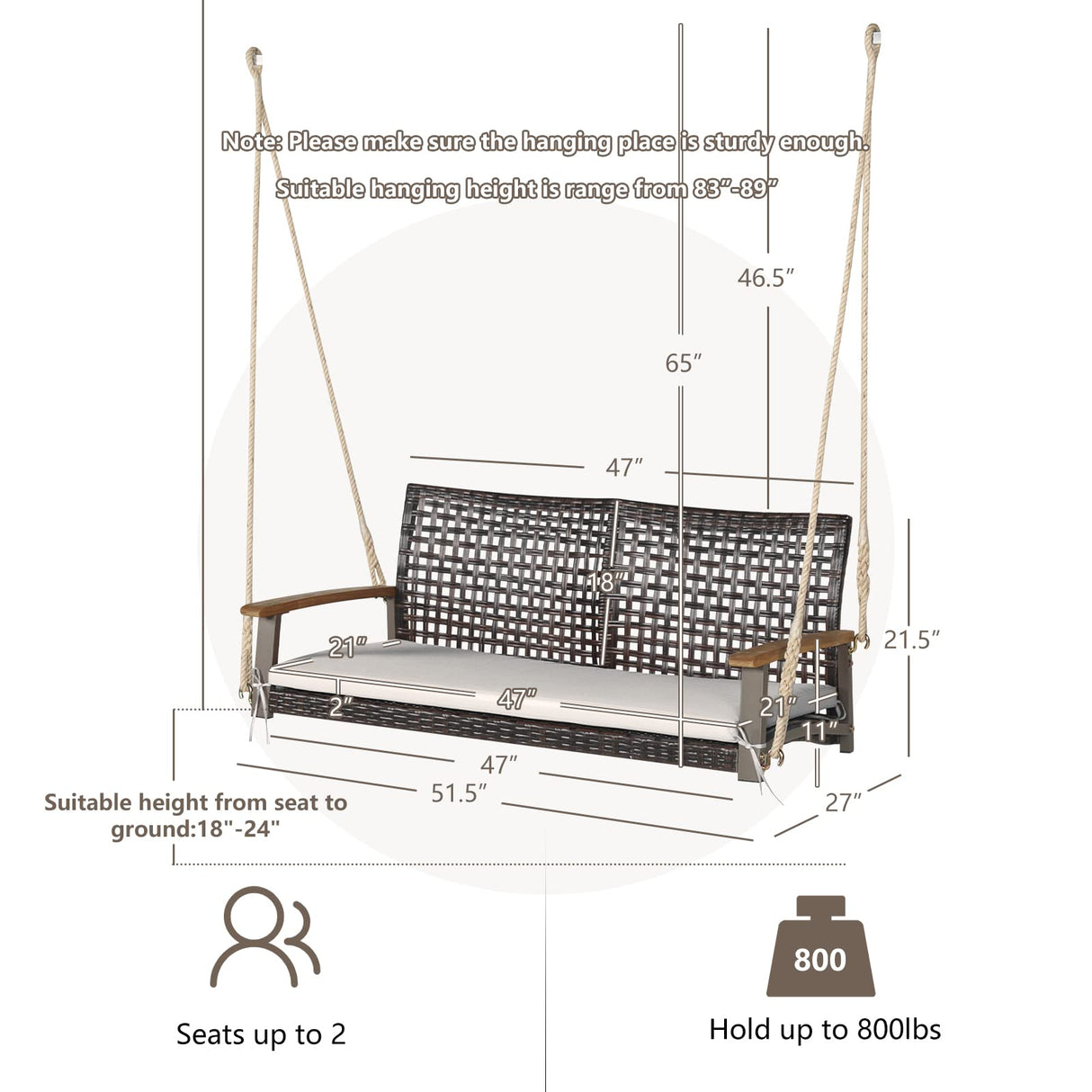 Tangkula 2 Person PE Wicker Porch Swing Bench, Outdoor Hanging Swing with Soft Seat Cushion and Hanging Ropes(Length of 118" for Each Chain), 800 LBS Weight Capacity Tangkula