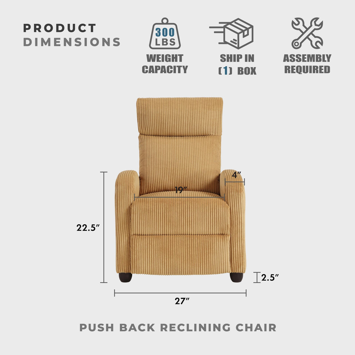 Lexicon Corduroy Pushback Recliner Chair Armchair Push Back Recliner, Solid Wood Frame and Metal Base, Easy Assembly Small Soft Single Sofa Accent Chair for Living Room/Office/Apartment, Yellow Lexicon