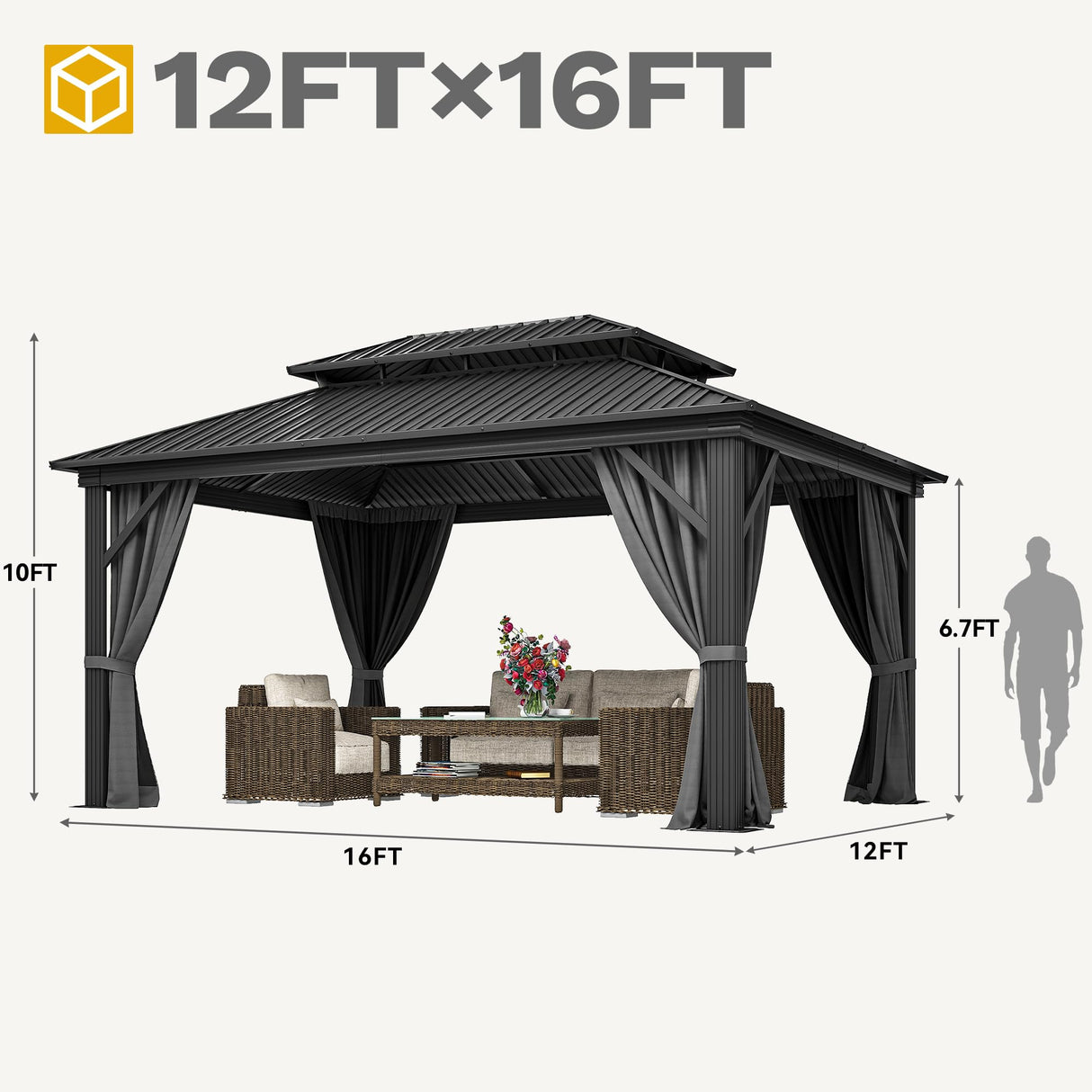 DWVO 12x16ft Gazebo Double Roof Hardtop with Nettings and Curtains, Heavy Duty Galvanized Steel Outdoor Vertical Stripes Roof for Patio, Backyard, Deck, Lawns, Grey DWVO