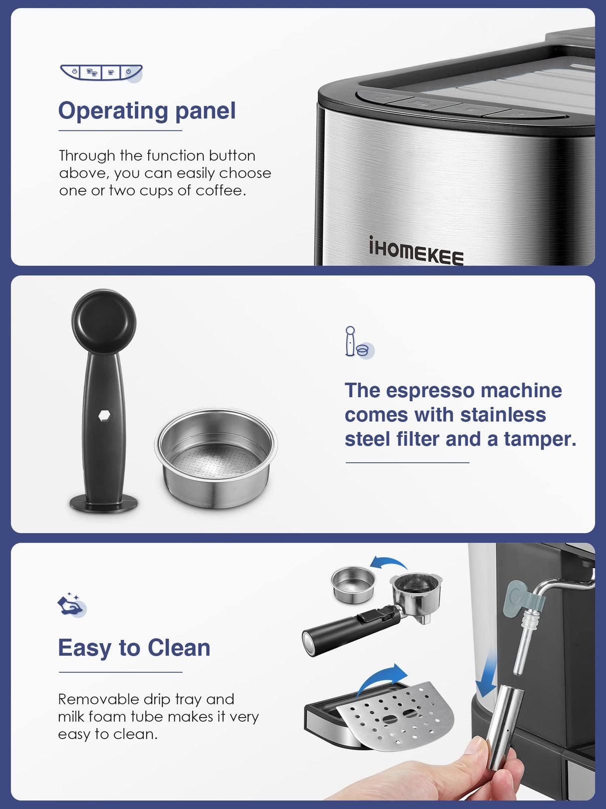 Ihomekee Espresso Machine, Espresso and Cappuccino Coffee Maker with Milk Frother/Steam Wand for Latte, Mocha, Cappuccino, 15 Bar Pump Pressure Semi-Automatic Coffee Machine, Silver+Black Ihomekee