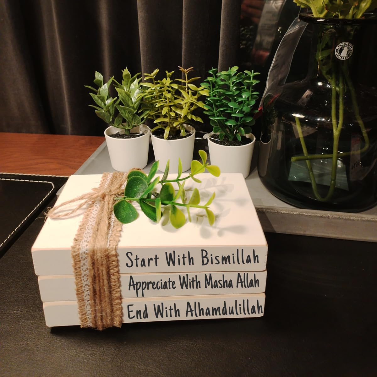 Farmhouse Mini Book Stack, Start With Bismillah End With Alhamdulillah, Islamic Wooden Home Decor, Muslim Tier Tray Eid Decorations Dazingart