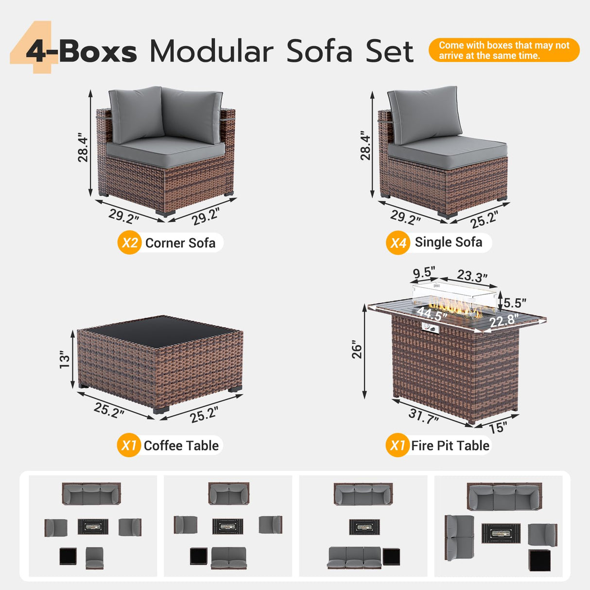 UDPATIO Patio Furniture Set with Fire Pit Table, 8 Piece Outdoor Sectional Modular Sofa, Wicker Outdoor Furniture Conversation Sets with Waterproof Cover for Backyard Deck (Brown/Dark Grey) UDPATIO