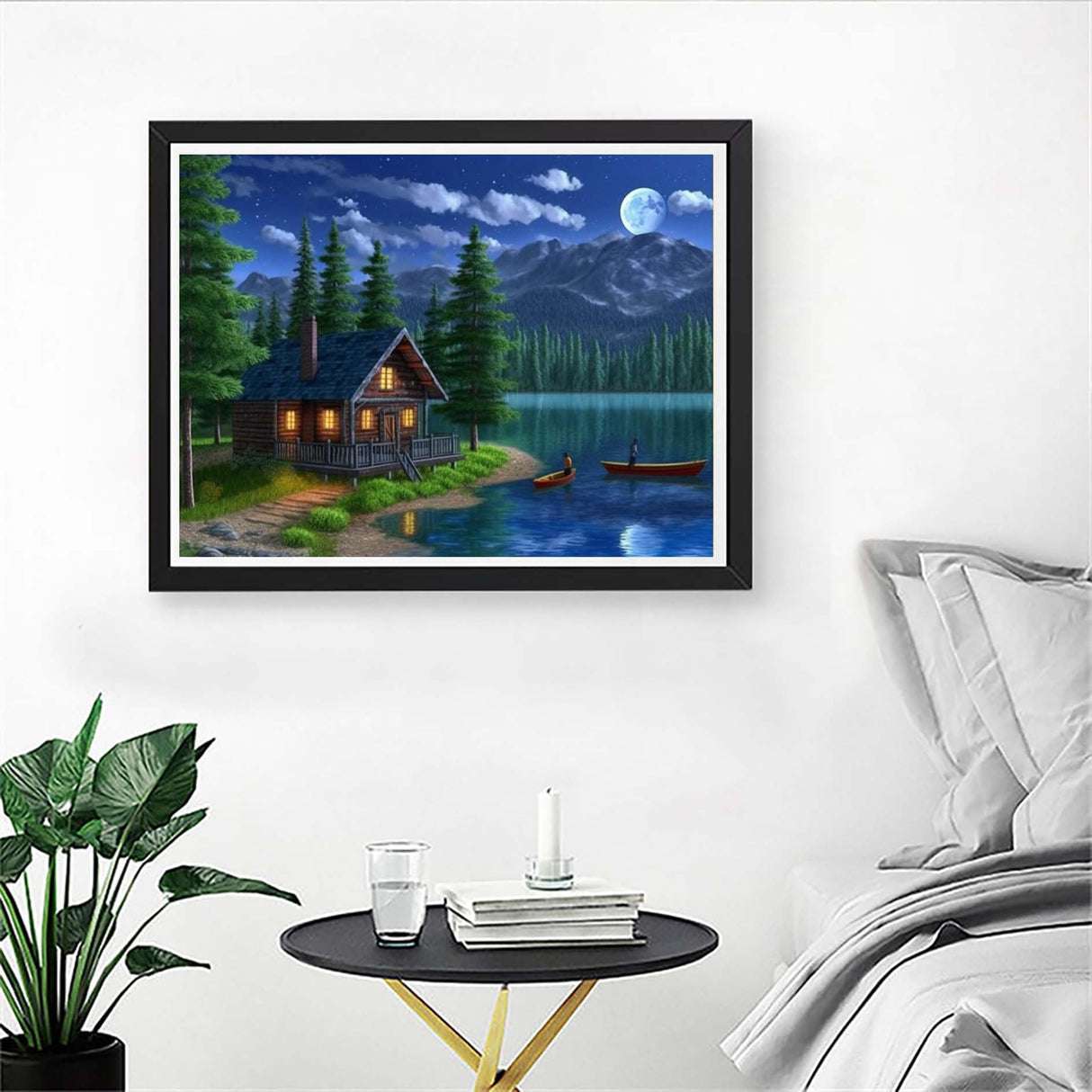 5D Diamond Painting Landscape, Paint with Diamonds DIY Diamond Art Moon Lake Hut, Diymood Painting by Number Kits Full Drill Rhinestone for Home Wall Decor 12x16inch Diymood