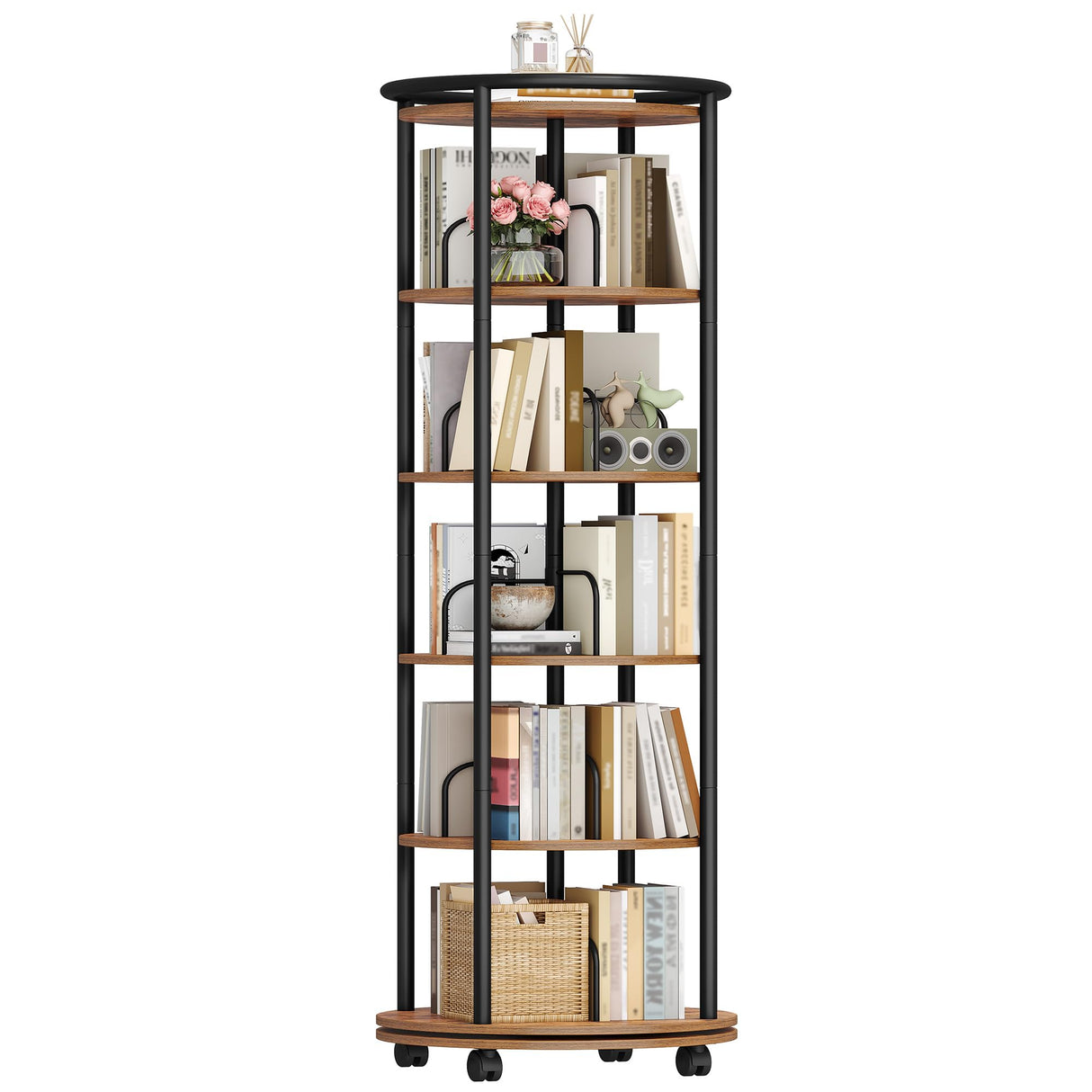 Hzuaneri Rotating Bookshelf, 360° Spinning Bookshelf Tower, Display Revolving Bookcase, Round Book Shelf, Narrow Swivel Bookshelves for Small Space, Bedroom, Living Room, Rustic Brown, BC52101B Hzuaneri