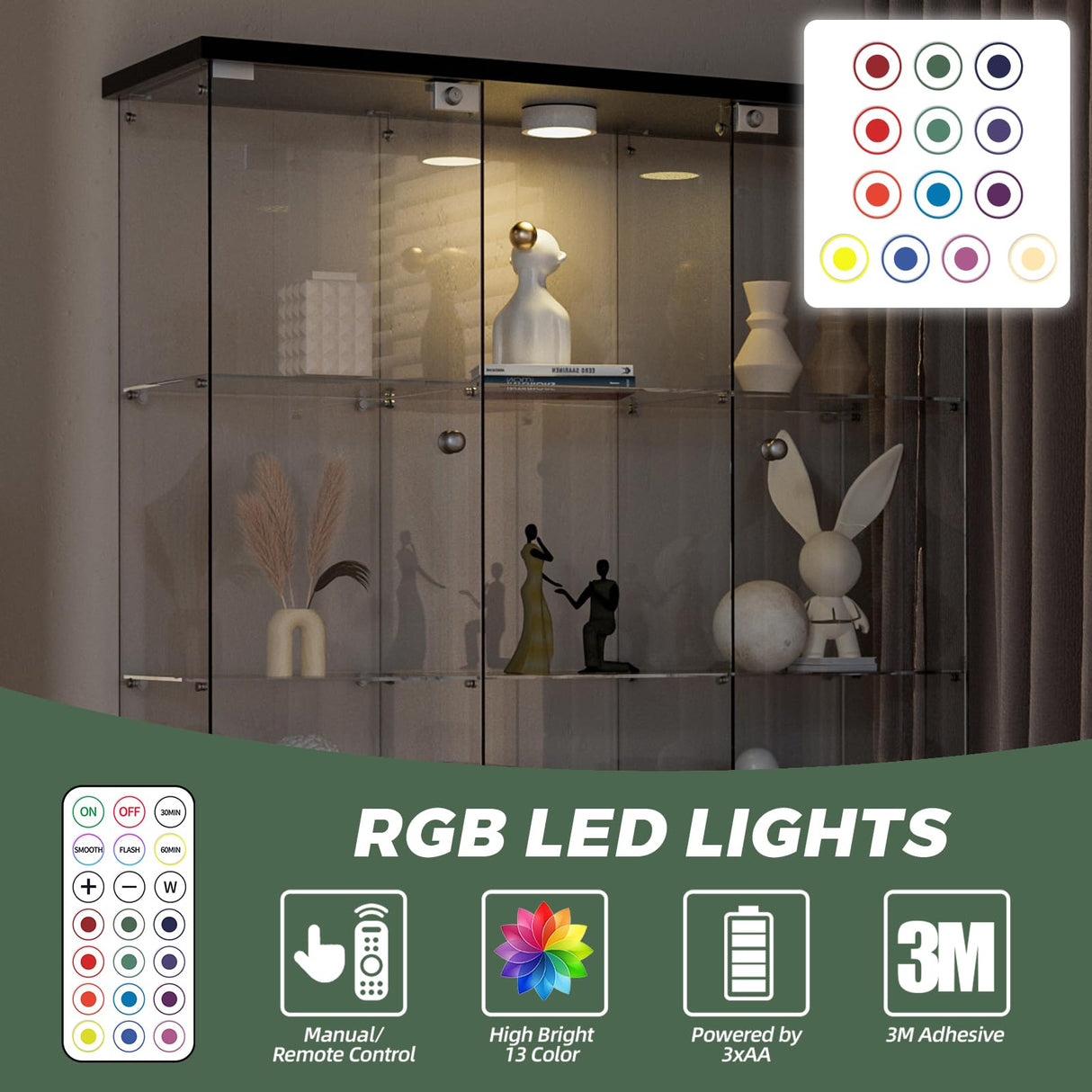 HAMBING Glass Display Cabinet with LED Light & Lock, 4 Shelves 3-Column Display Showcase, 2 Side Doors and Open Center Column, Tempered Glass Curio Cabinet for Bedroom, Living Room - Black HAMBING