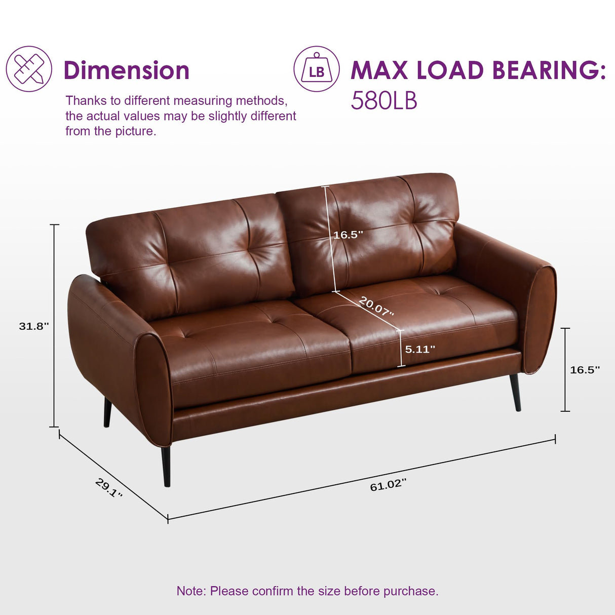 TYBOATLE Sofa Couch 61" Small Loveseat Couches for Living Room Leather Couch Mid Century Modern Tufted Mini Sofa Comfy Office 2 Seat Settee Love Seat Loveseat for Small Spaces Bedroom (3, Brown) TYBOATLE