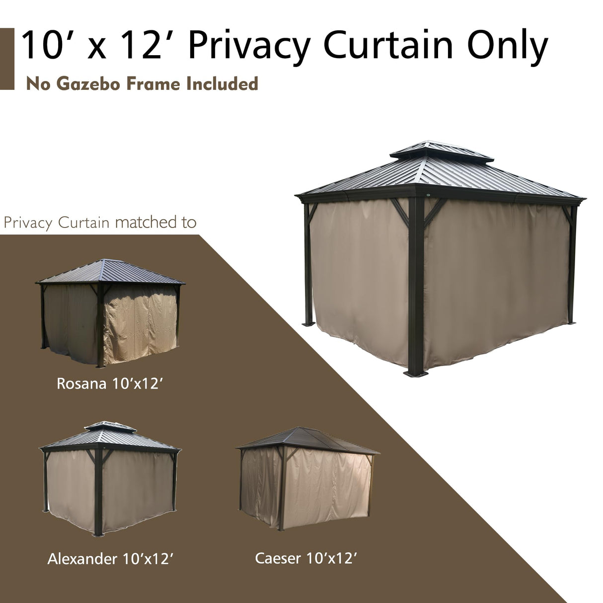 Kozyard Gazebo Privacy Curtain Outdoor Waterproof Sidewall for Hardtop Gazebo, OEM Replacement for Patio Gazebo Curtains for Alexander, Caesar, Rosana and Apollo Model (10ft x 12ft, Brown) Kozyard