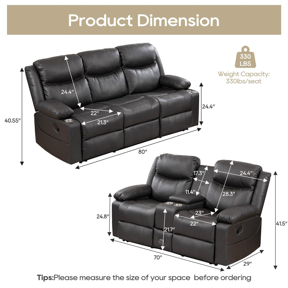 PALLOME Recliner Sofa Set - Reclining Sofa Couch Set, 2 Pieces Recliner Furniture Sofa Set, 3-Seater Reclining Sofa & 2-Seater Reclining Loveseat with Massage & Heat for Living Room (Grey) PALLOME