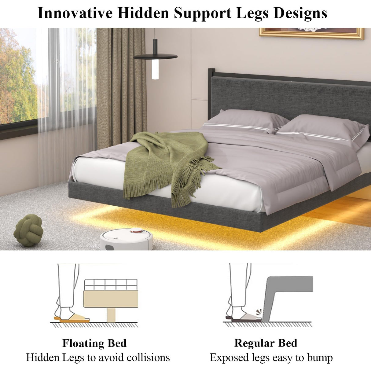 Gyfimoie Modern Queen Floating Bed Frame with LED Lights - Stylish Upholstered Platform for Effortless Assembly Gyfimoie