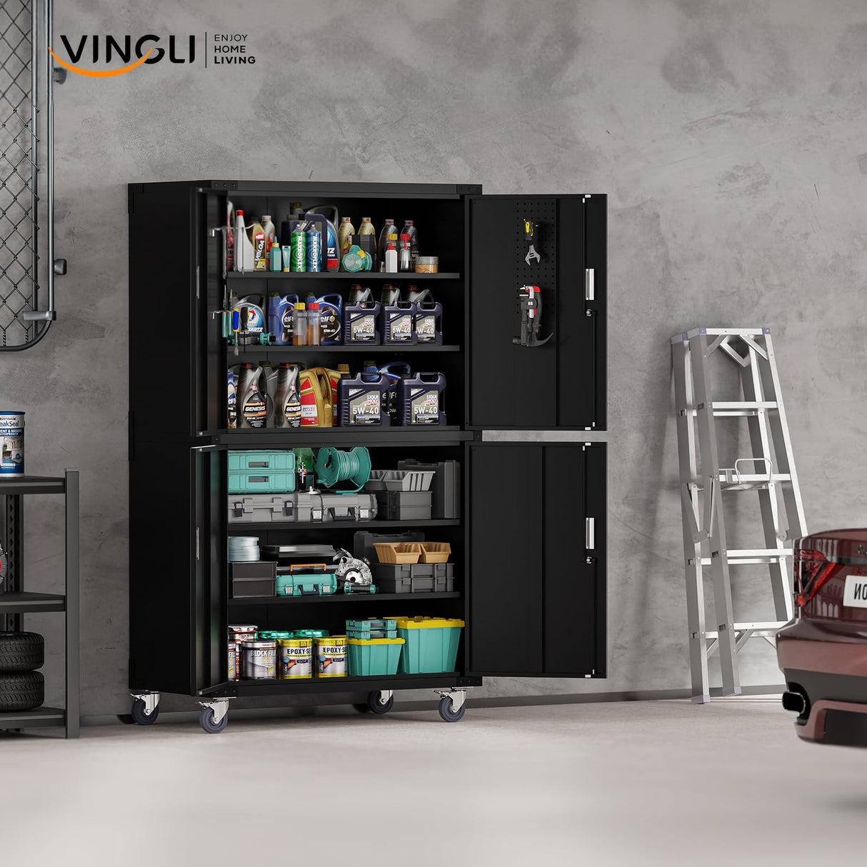 VINGLI Large Garage Storage Cabinet with 4 Doors, Upgraded Height & Wide & Deep, 43''W x 23''D x 75''H, Oversized Metal Storage Cabinet with Pegboards Wheels Locks and Adjustable Shelves (Black) VINGLI