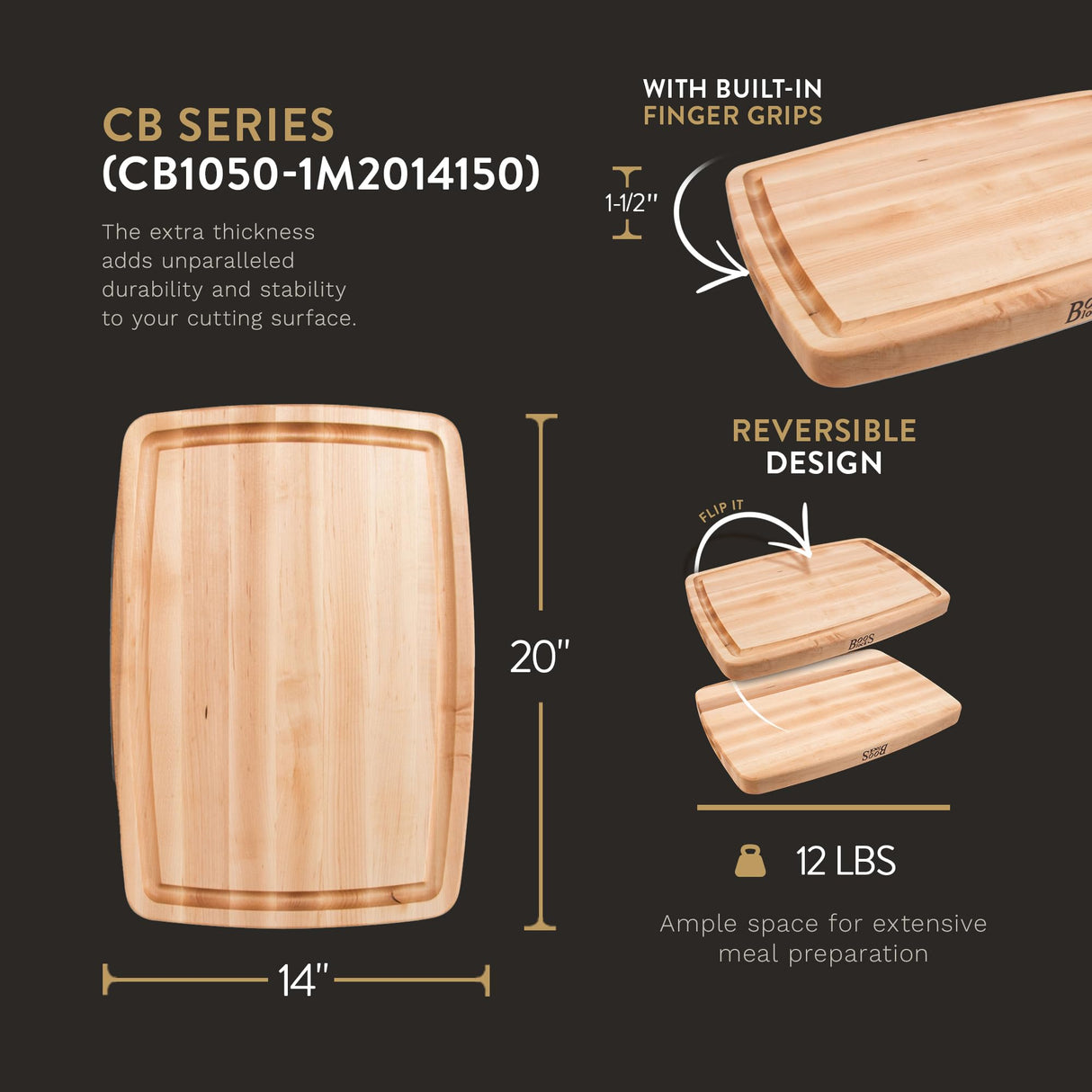 John Boos Boos Block CB Series Large Reversible Wood Cutting Board with Juice Groove, 1.5-Inch Thickness, 20" x 14" x 1 1/2", Maple John Boos