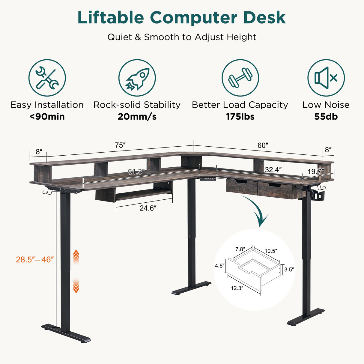 RedLemon 75X60 Inches L Shaped Electric Standing Desk,Height Adjustable Corner Gaming Desk with Drawers, Keyboard Tray, Power Outlets & LED Lights, Computer Desk with Monitor Shelf, Dark Rustic Oak RedLemon