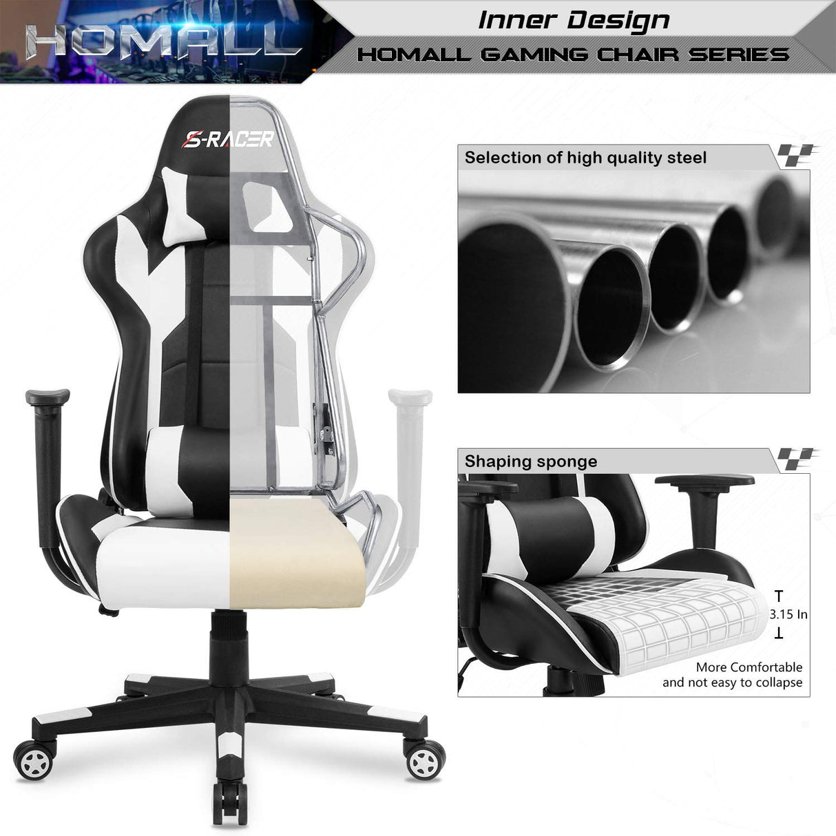 Homall Gaming Chair, Office Chair High Back Computer Chair Leather Desk Chair Racing Executive Ergonomic Adjustable Swivel Task Chair with Headrest and Lumbar Support (White) Homall