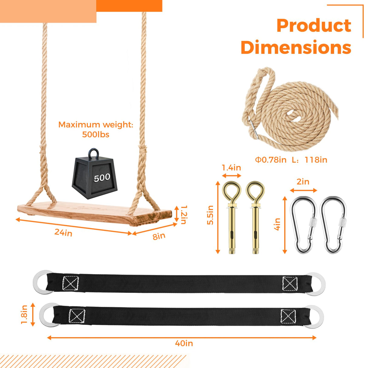 Wooden Tree Swing,Wooden Swing for Adults/Kids with 500lbs Load Capacity Waterproof Wooden Swing Seat Adjustable Hemp Rope Plus Tree Straps 100 inch for Indoor,Backyard,Garden,Playground (Adults) TIMCORR