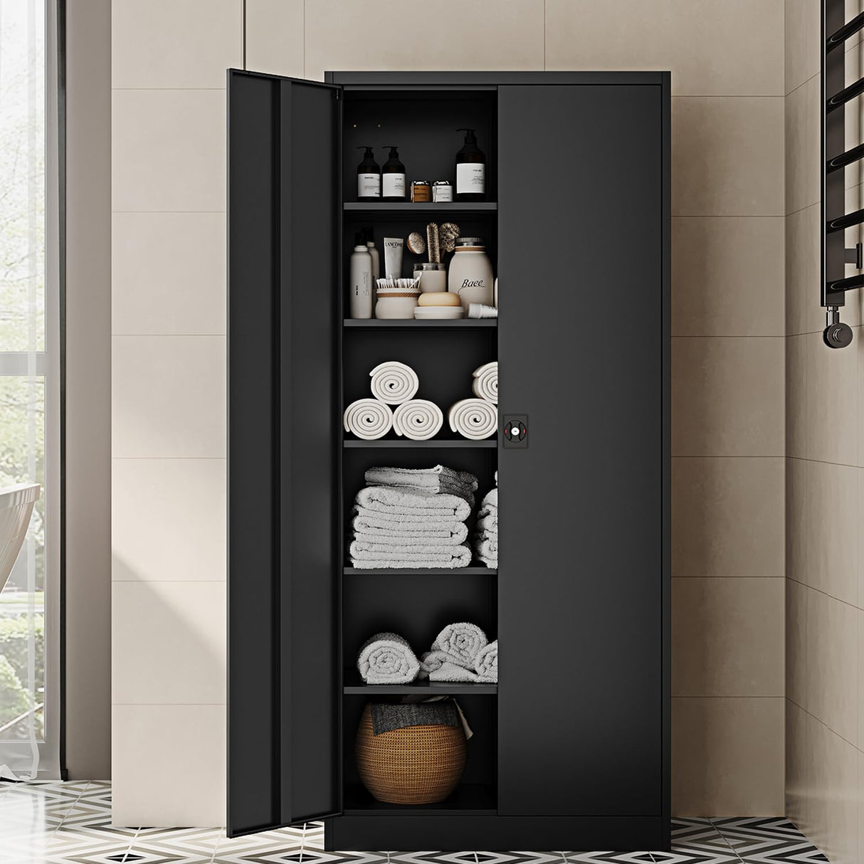 Fesbos Metal Storage Cabinet-72” Black Tall Steel File Cabinets with Lockable Doors and Adjustable Shelves-Black Steel Storage Cabinet for Kitchen, Office, Garage Fesbos