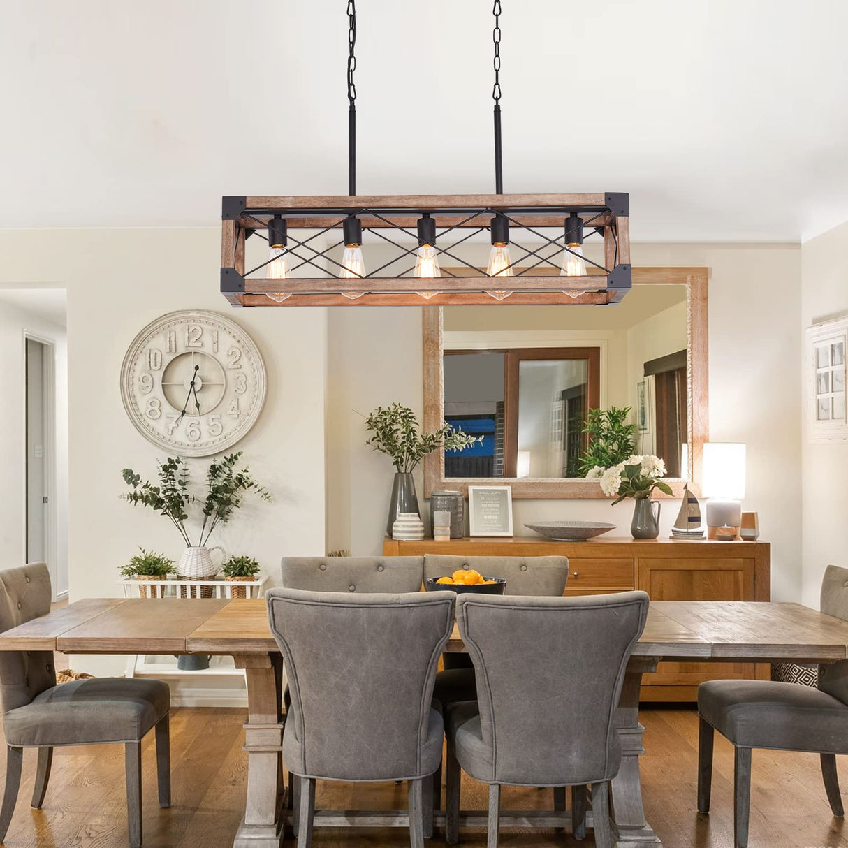 Bribyit Farmhouse Kitchen Island Lighting, 5-Light Dining Room Light Fixture, Farmhouse Linear Chandelier with Solid Wood for Dining Room Kitchen Bar Pool Table Bribyit