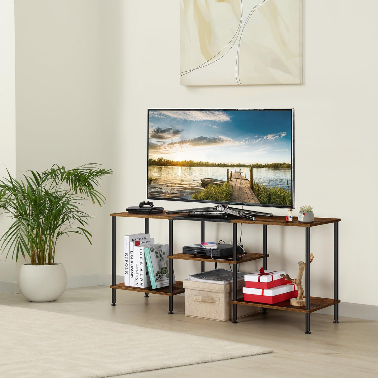 TV Stand for Bedroom 50 Inch TV Stand with Power Outlet 3 Tier Entertainment Center with Storage TV Console Table for 50 43 40 32 Inch TV, Rustic Brown Luplom