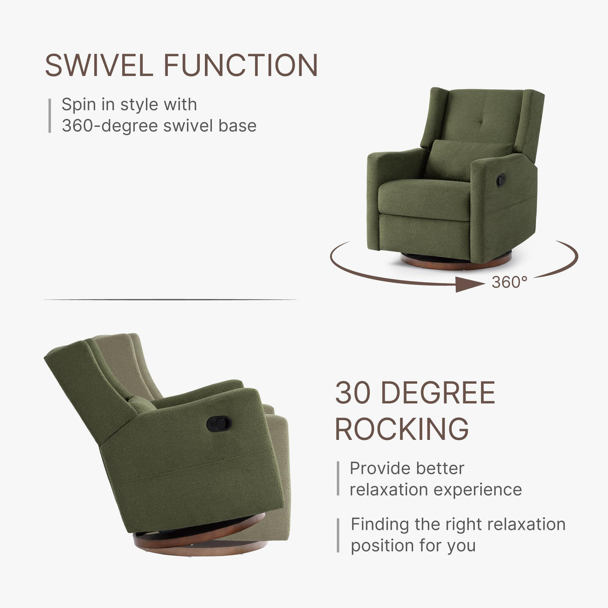 KISLOT Upholstered Recliner Swivel Glider Nursery Chair Reclining Performance Fabric Rocker with Wood Base,Boucle,Moss Green KISLOT