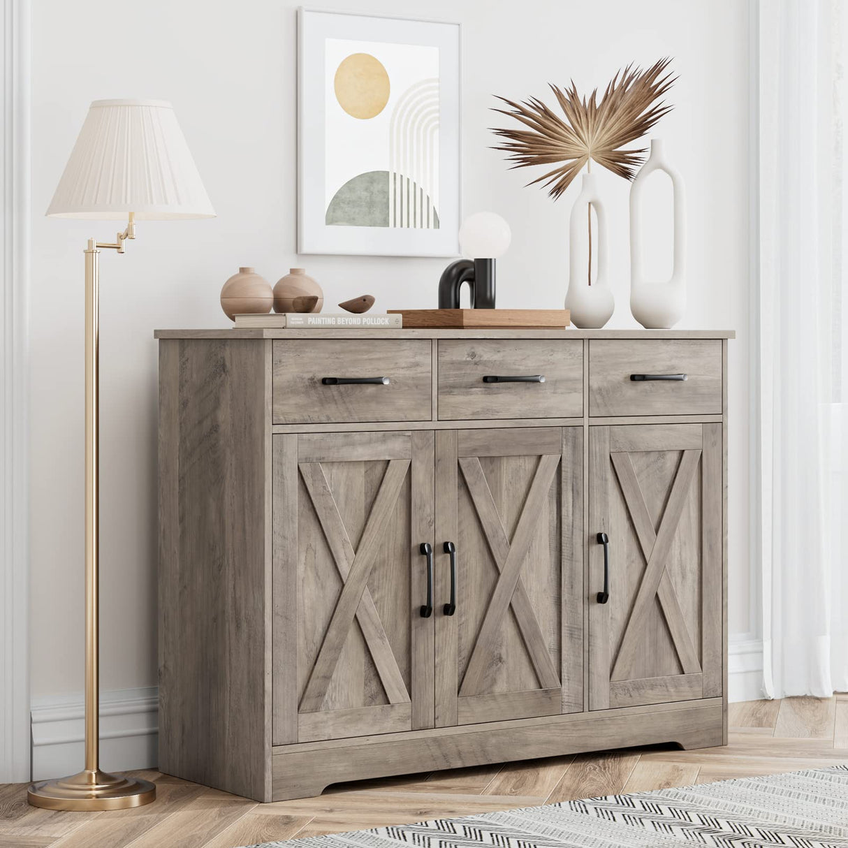 HOSTACK Modern Farmhouse Buffet Sideboard Cabinet, Barn Doors Storage Cabinet with Drawers and Shelves, Wood Coffee Bar Cabinet with Storage for Dining Room, Kitchen, Living Room, Ash Grey HOSTACK