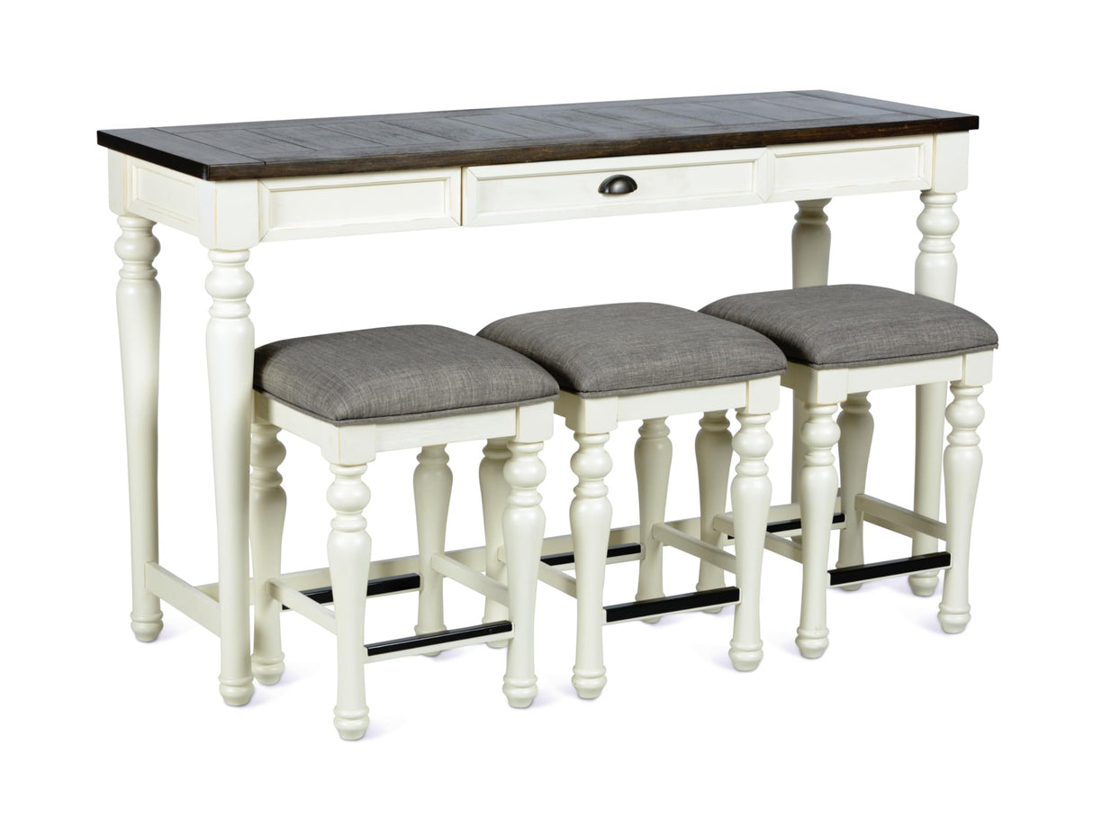 Steve Silver Furniture Joanna Sofa Bar 4PC Set, 36.5-Inch Table Height, Farmhouse Design, Living Room, Dining/Kitchen Table, Small Space, Three Counter Stools, 60" W x 20" D x 36" H, White Steve Silver