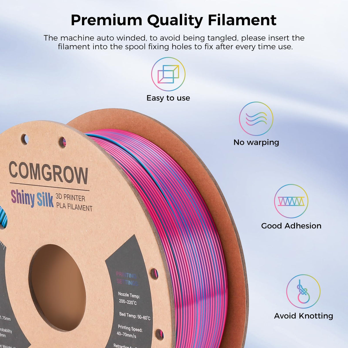 Comgrow Tri-Colors Silk PLA 3D Printer Filament, Rainbow PLA Filament 1.75mm, Dimensional Accuracy +/- 0.02 mm, 1KG Spool, Coextrusion 3D Filament with Shiny Silk Red-Blue-Yellow Comgrow