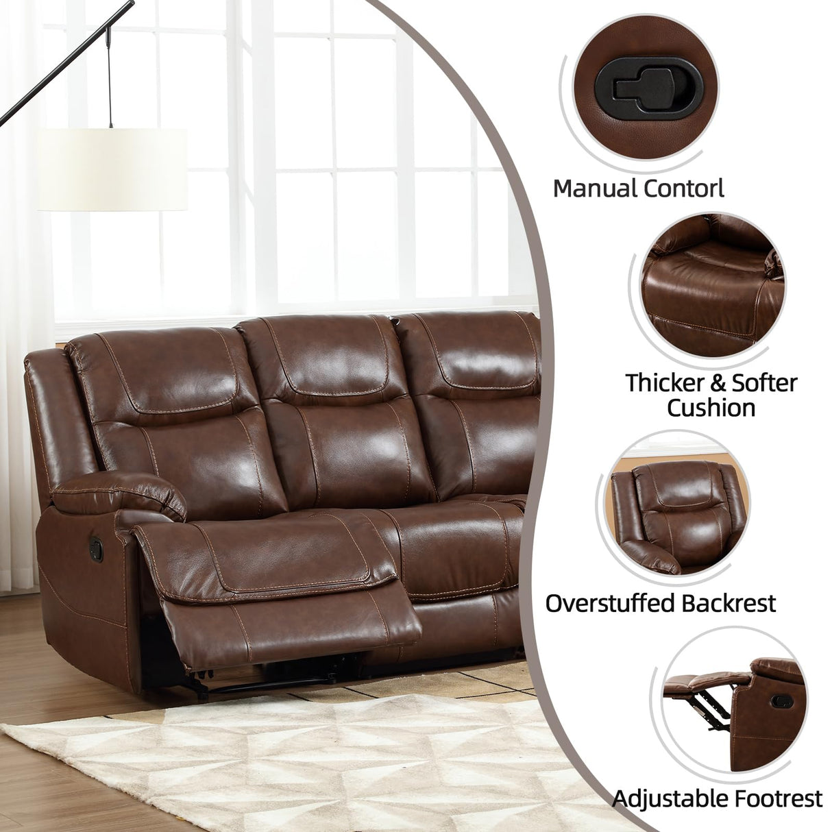 EBELLO Genuine Leather Manual Reclining Sofa, 3 Seat Recliner Sofa, Couch for Living Room, Bedroom Furniture, Meeting Room, Brown (3 Seat Sofa) EBELLO