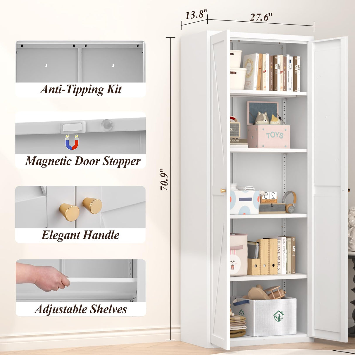 GREATMEET 71" Kitchen Pantry Storage Cabinet, Tall Storage Cabinet, Metal Food Pantry Cabinet with Doors and Shelves, Pantry Storage Cabinets, Cupboard for Garage Kitchen Laundry Room, White GREATMEET